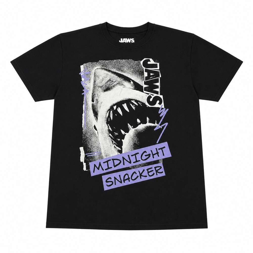 Jaws Midnight Snacker Shark Graphic T-Shirt Mens Black Short Sleeve Movie Tee
